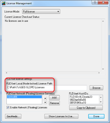 The license folder path is found in the License Management dialog box